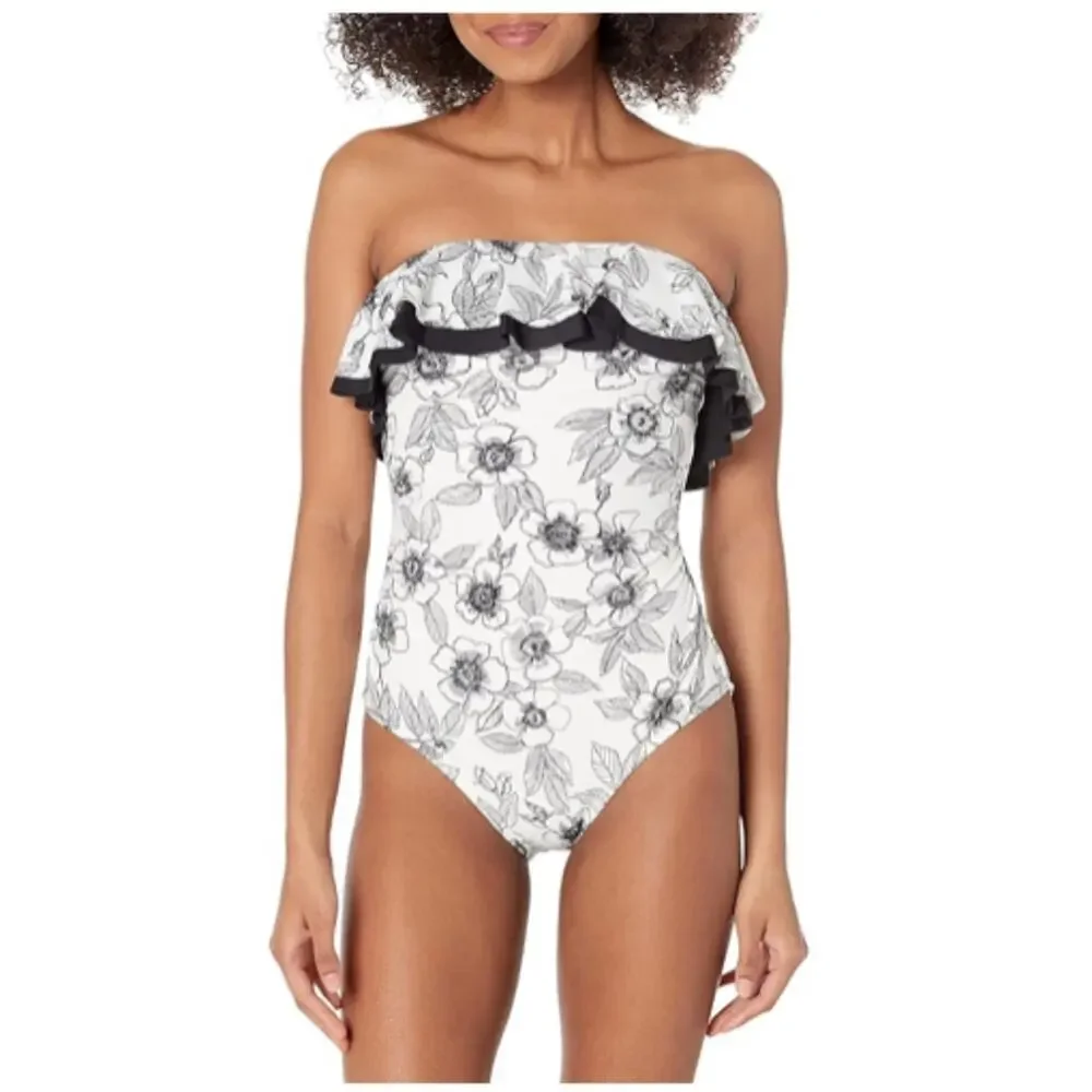 TOMMY HILFIGER Blossom White Black Ruffle Neckline One Piece Swimsuit Size 4